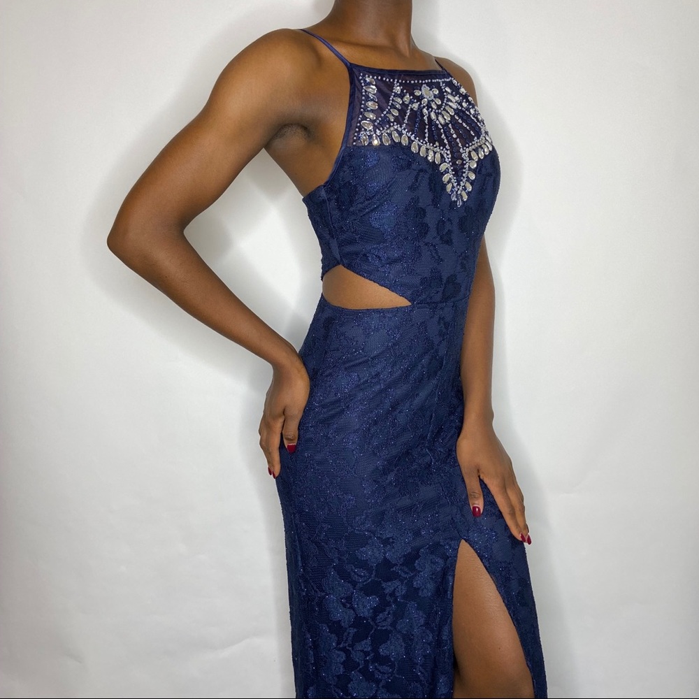 Navy Blue Lace Evening Gown